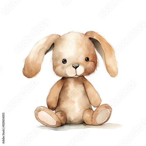 A cute stuffed rabbit on a white background. Digital watercolour of a retro style plush toy isolated on a white background.