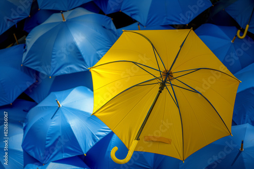 yellow and blue umbrella  Stand out from the crowd with a striking image of a yellow umbrella boldly contrasting against a sea of blue umbrellas