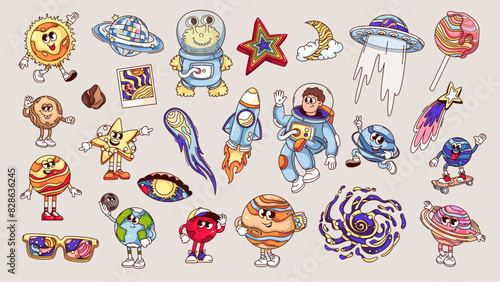 Groovy space and planet cartoon characters set. Funny retro astronaut and rocket, planets of Solar system and alien, astronomy mascots. Cartoon stickers collection of 70s 80s style vector illustration