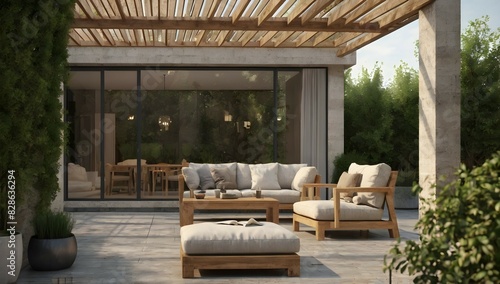Cozy patio area with garden furniture 3d render © Hataf