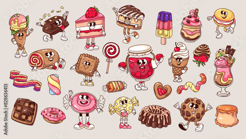 Groovy sweet cartoon characters and confectionery desserts set. Funny retro birthday chocolate cake and ice cream, cookie and candy mascot, cartoon sweets stickers of 70s 80s style vector illustration