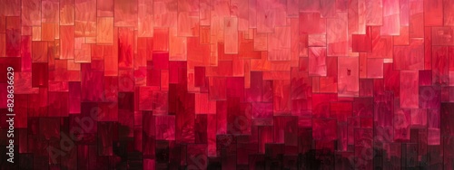 An abstract painting with layers of neat lines in varying shades of red.