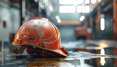 A worn construction helmet lies on the wet floor of an industrial warehouse, bathed in natural light seeping through the windows. photo