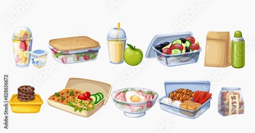 Boxes and packages with food for kids lunch time, cartoon lunchbox set. Eco paper bag with snacks, juice plastic cup and glass reusable container, cartoon collection of lunch meals vector illustration