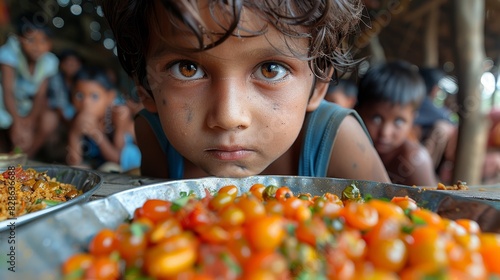 Curious child looking at the camera with a plate of small tomatoes in the foreground