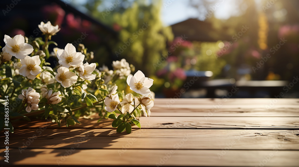 Spring cherry blossoms branch on the wooden rustic table product display and picnic AI generated Spring cherry blossoms branch on the wooden rustic table product display and picnic AI generated