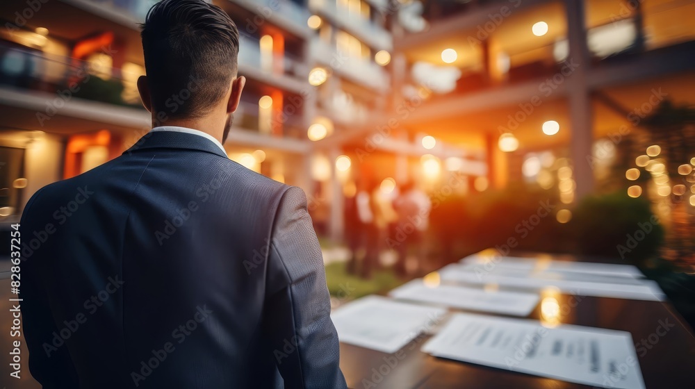 Businessman observing a networking event in a modern open-space office. Professional interaction and connections in a contemporary workspace. Businessman observing a networking event in a modern open-space office. Professional interaction and connections in a contemporary workspace.