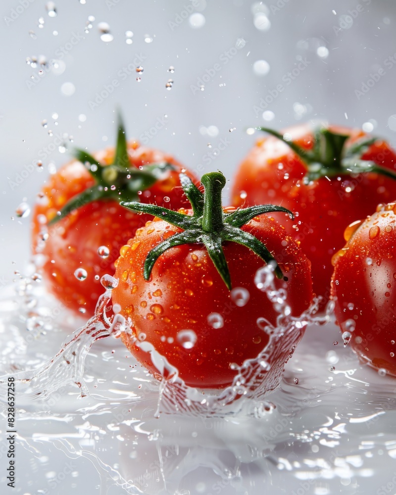 Fresh Tomatoes with Splashing Water Droplets on white Background, Advertisement Fresh Tomatoes with Splashing Water Droplets on white Background, Advertisement