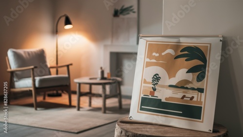 A poster of a living room with furniture and art on the wall  AI