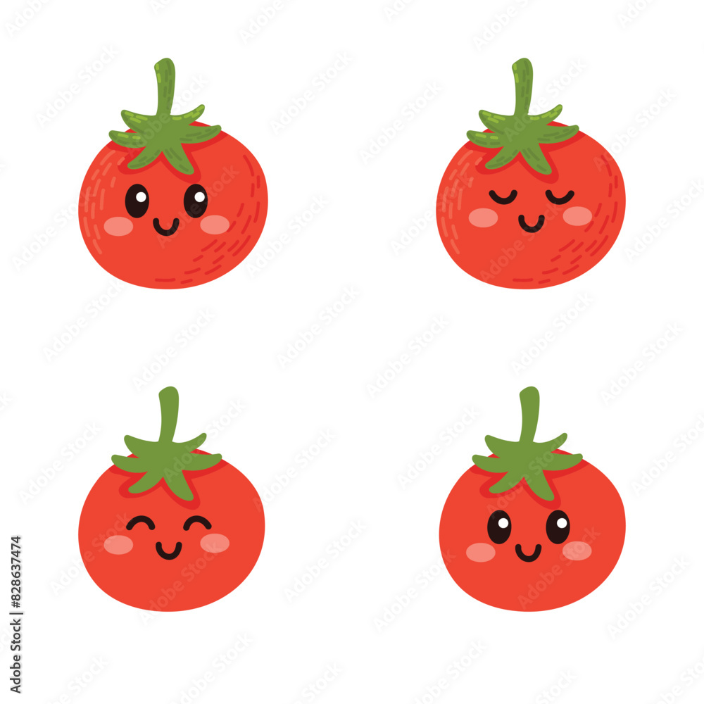 Set of cute cartoon colorful red tomatoes with different emotions. Collection of characters with funny emotions for kids. Fantasy characters. Vector illustration, cartoon flat style. Set of cute cartoon colorful red tomatoes with different emotions. Collection of characters with funny emotions for kids. Fantasy characters. Vector illustration, cartoon flat style.