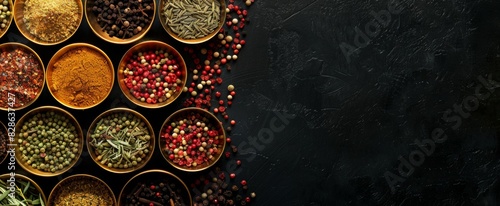 A wide banner of spices arranged in an artistic display on the left side