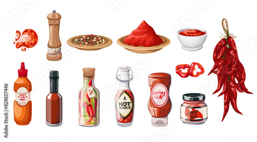 Hot chili sauces and dry spices, cartoon stickers set. Dried peppers hanging in bunch, powder and peppercorns in bowl for cooking and seasoning food, chili bottles in cartoon vector illustration