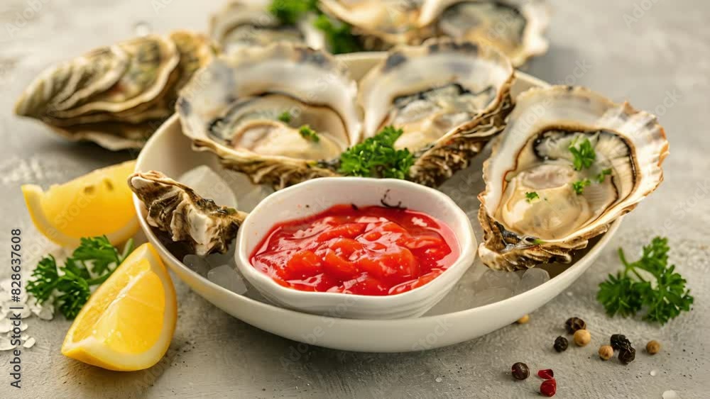 Oysters on the half shell shucked fresh from the ocean accompanied by tangy mignonette and a squeeze of lemon for a burst of flavor. Oysters on the half shell shucked fresh from the ocean accompanied by tangy mignonette and a squeeze of lemon for a burst of flavor.