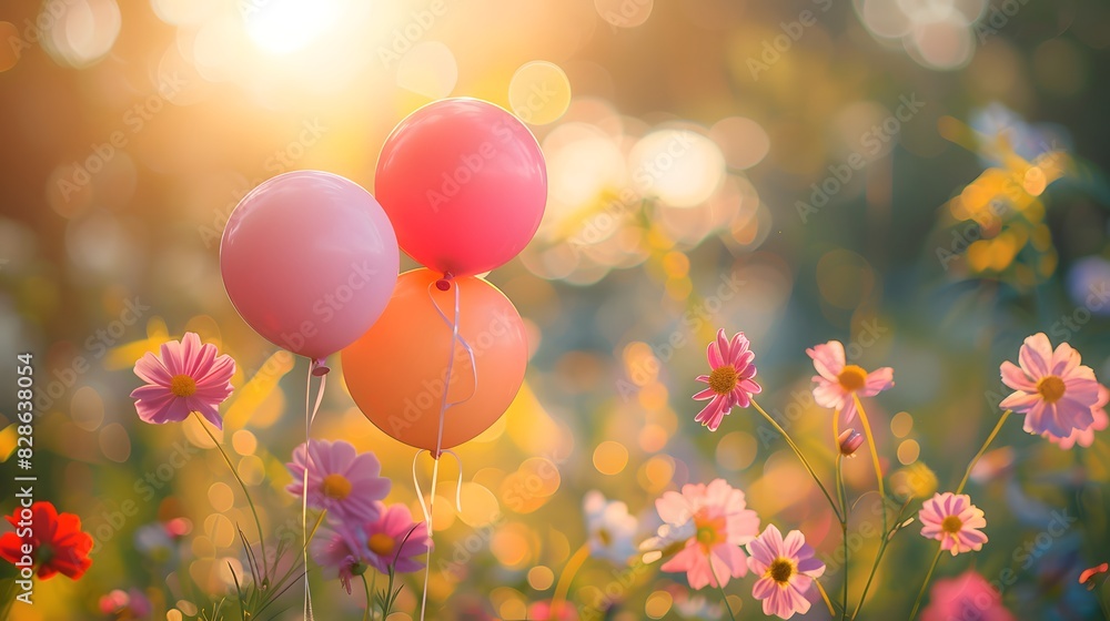 balloons in the air, flowers around, beautiful sunlight, cinematic with a shallow depth of field, bokeh effect, a happy and joyful mood, colorful, bright, vibrant, nature background. balloons in the air, flowers around, beautiful sunlight, cinematic with a shallow depth of field, bokeh effect, a happy and joyful mood, colorful, bright, vibrant, nature background.