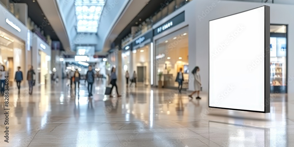 Obraz premium white Blank advertisement billboard in modern shopping mall corridor with blurred shoppers 