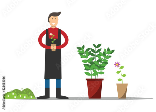 Gardener with Plants and Flowers. Gardening and planting concept vector
