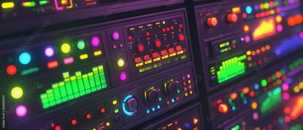 Close-Up of Colorful Control Panels with Neon Lights Close-Up of Colorful Control Panels with Neon Lights
