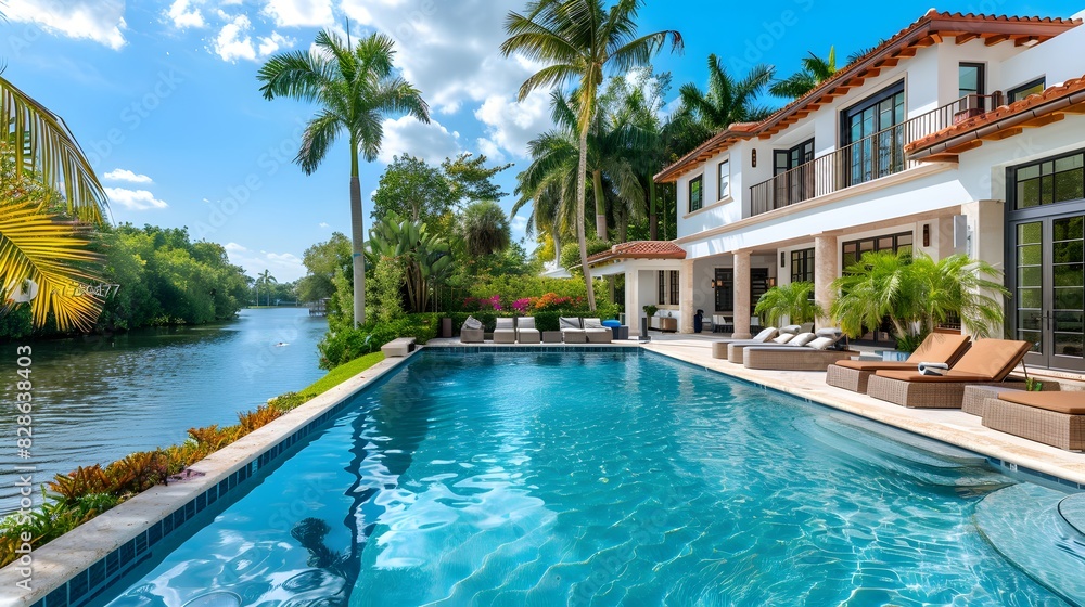 A beautiful home in Miami, FL with an elegant pool and palm trees. The house has large windows overlooking the waterway and is surrounded by lush greenery.