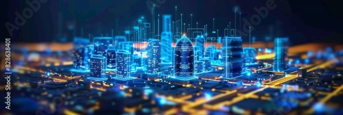 3D rendering of the city with buildings made up only of digital data and computer chips, Futuristic digital cityscape with neon lights and glowing buildings at night 