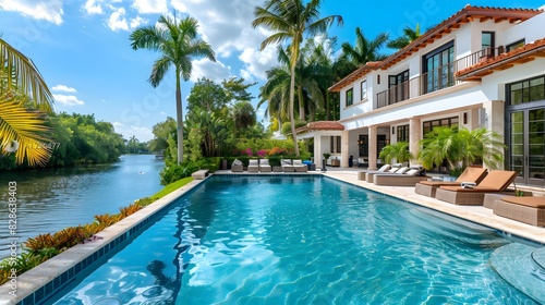 A beautiful home in Miami, FL with an elegant pool and palm trees. The house has large windows overlooking the waterway and is surrounded by lush greenery. © horizor