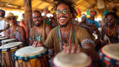 A joyous male musician with dreadlocks is enthusiastically playing bongos in a festive setting