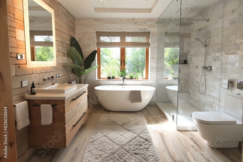 A modern bathroom with a large bathtub and a glass shower