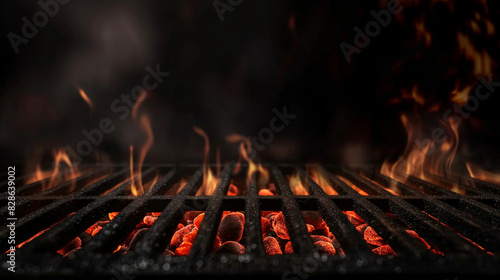 A dramatic perspective of red-hot coals underneath a dark grill with flames reaching upwards