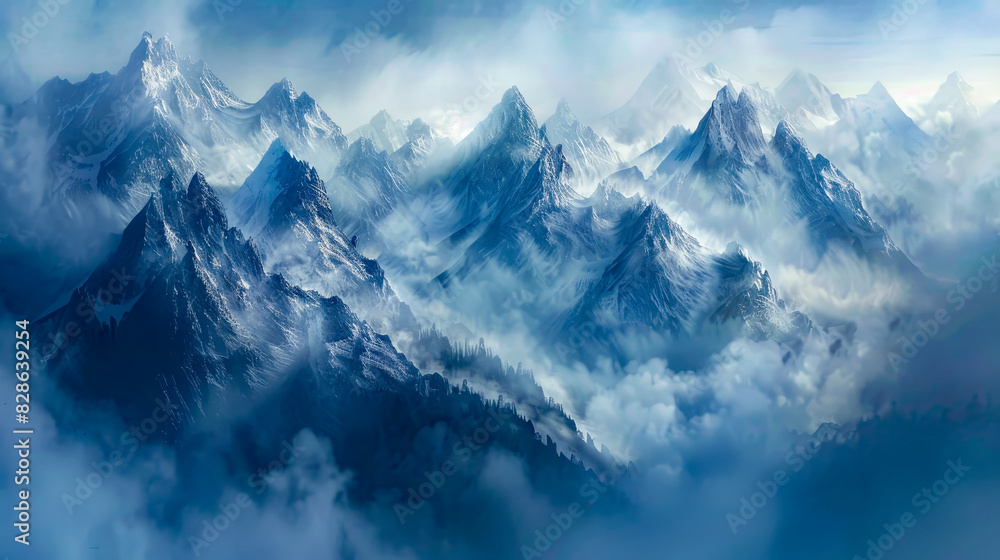 Fototapeta premium Expansive range of snow-capped mountains shrouded in mist, offering a vast and tranquil blue atmosphere