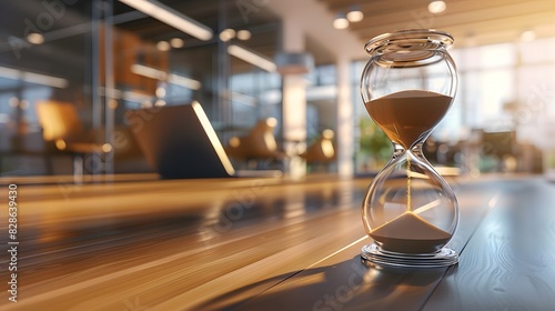 A closeup of an hourglass on a desk in the foreground, set against a blurred background of a modern office space with glass walls and wooden flooring.