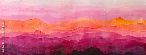 An abstract painting with layers of neat lines in varying shades of pink. © Usman