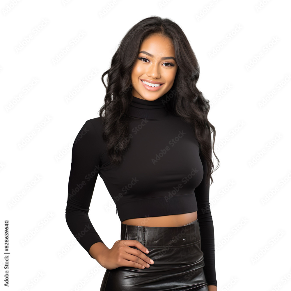 Front view mid body shot of a beautiful Polynesian woman dressed in a timeless black turtleneck and a high-waisted white pencil skirt, smiling on a white transparent background Front view mid body shot of a beautiful Polynesian woman dressed in a timeless black turtleneck and a high-waisted white pencil skirt, smiling on a white transparent background