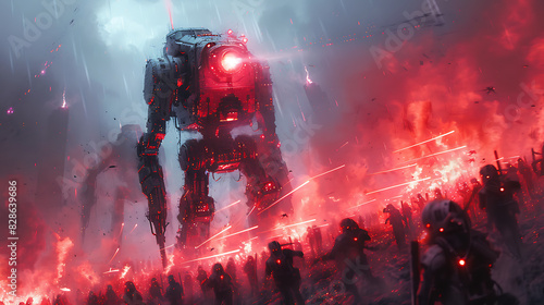 illustration of cybernetic warrior battling horde of robotic adversaries futuristic arena advanced weapons cybernetic enhancements and epic combat sequences that blur the line between man and machine photo