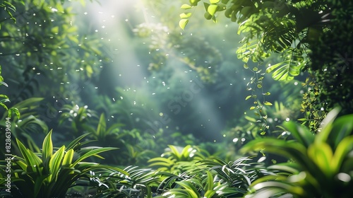 Sunlight beams through lush green foliage in a dense  tropical rainforest.