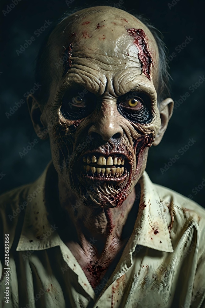 Scary zombie with bloody makeup on dark background. Scary zombie with bloody makeup on dark background.