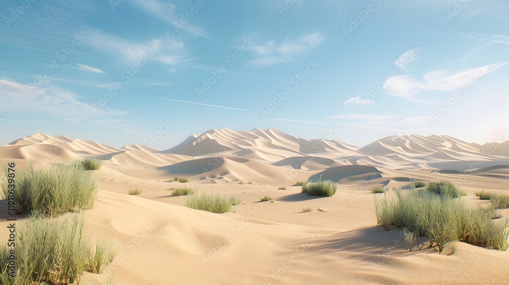 Fototapeta premium A vast desert landscape with rolling sand dunes and distant mountains under a clear blue sky.