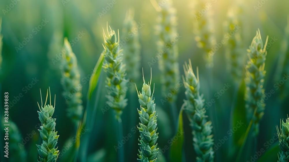 A closeup of green wheat stalks swaying in the breeze, with soft focus on each ear and a blurred background of lush fields. A closeup of green wheat stalks swaying in the breeze, with soft focus on each ear and a blurred background of lush fields.