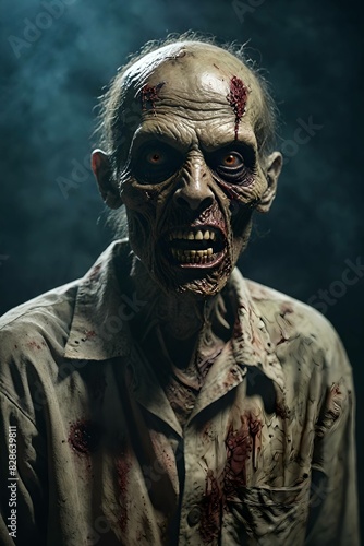 Scary zombie with bloody makeup on dark background.