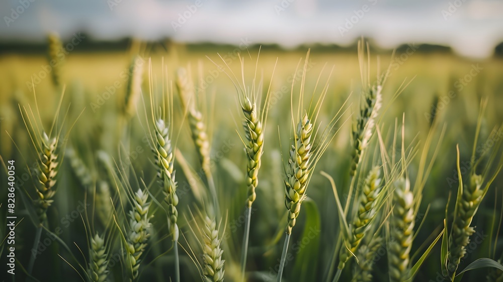 A closeup of green wheat stalks swaying in the breeze, with soft focus on each ear and a blurred background of lush fields. A closeup of green wheat stalks swaying in the breeze, with soft focus on each ear and a blurred background of lush fields.