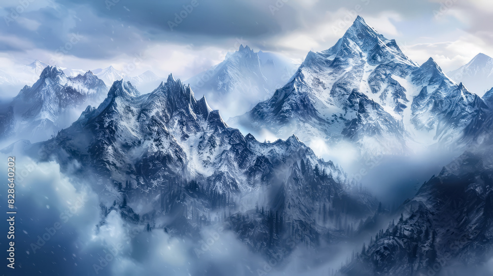 Fototapeta premium Snow-covered mountain peaks surrounded by mist, evoking a cold, dramatic atmosphere with visible forests below
