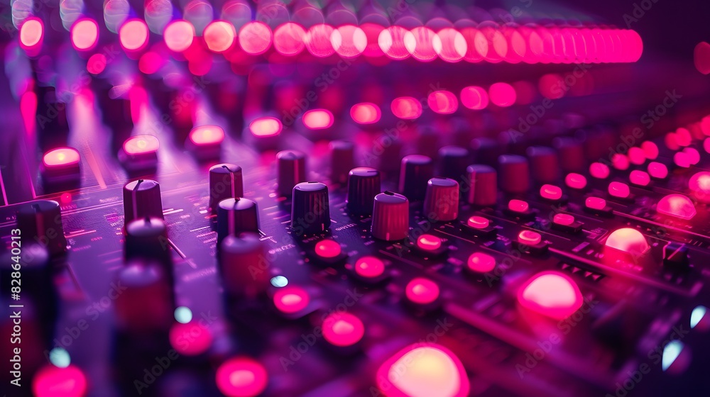 Fototapeta premium A closeup of the audio console, with vibrant pink and red lights reflecting off its surface.