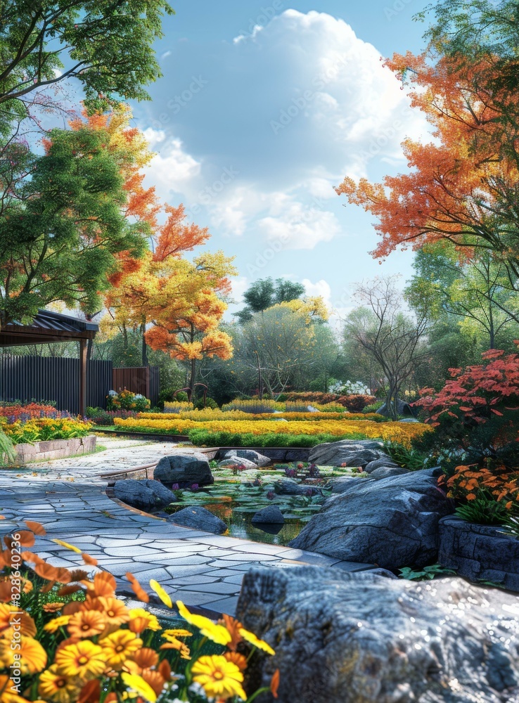 Fototapeta premium Autumn Garden with Colorful Foliage