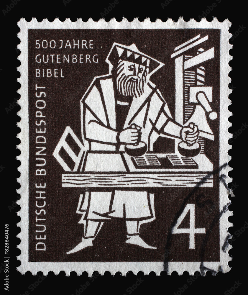 Stamp printed in Germany, shows Printer at the Gutenberg hand press, circa 1954