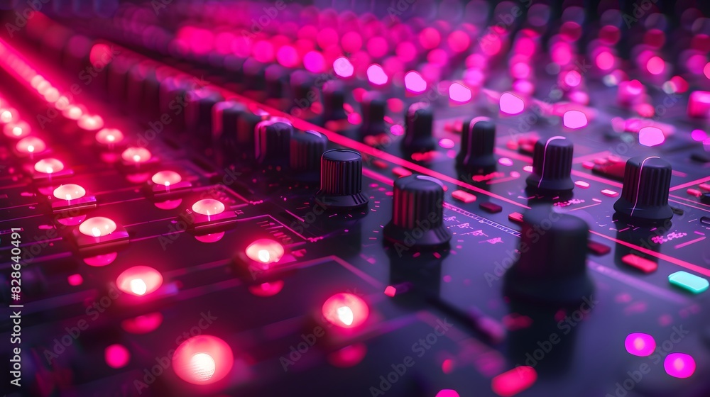 Fototapeta premium A closeup of the audio console, with vibrant pink and red lights reflecting off its surface.