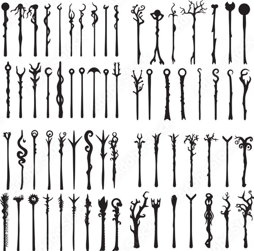 Fantasy Magical Wooden Staff Silhouette Vector Set