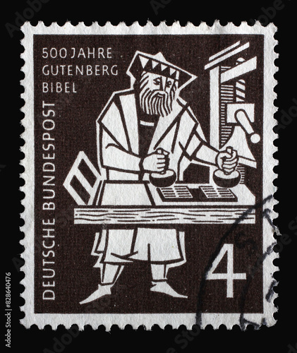 Obraz na płótnie Stamp printed in Germany, shows Printer at the Gutenberg hand press, circa 1954 w salonie