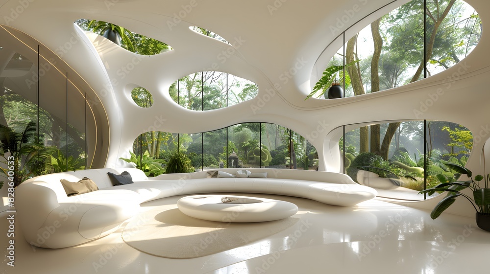Fototapeta premium A futuristic interior of an ecofriendly home, with sleek white furniture and large windows overlooking lush greenery. The design includes organic shapes inspired by nature.