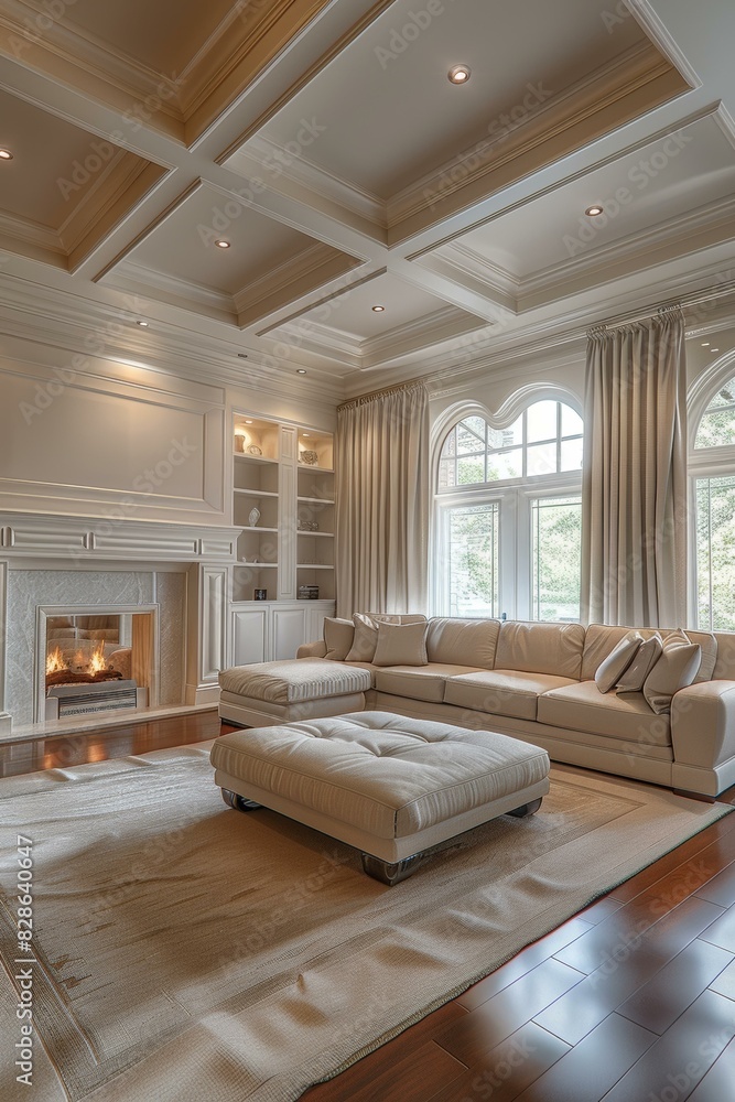 Naklejka premium Modern Living Room with Fireplace and Floor-to-Ceiling Windows