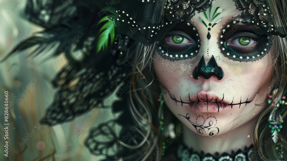 stylized female face with makeup inspired by the Mexican 