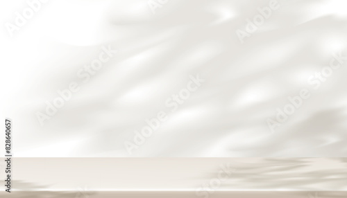 Background White Wall Studio and Beige Podium with shadow leaves on cement floor,Backdrop Background 3D Display Room with Stand Concept for Cosmetic product presentation,Sale in Autumn,Fall Season