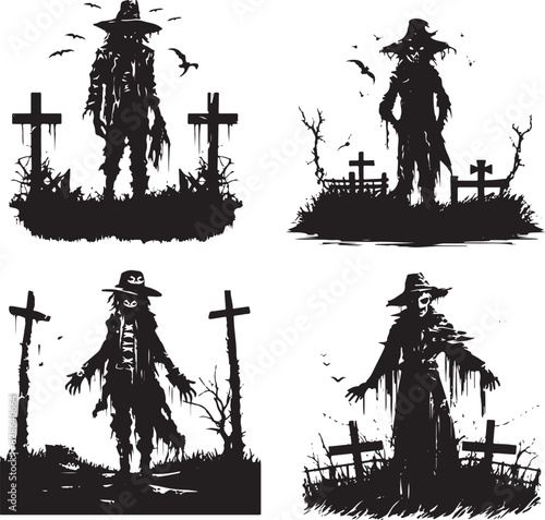 Halloween Scary Scarecrow Silhouette Vector Set